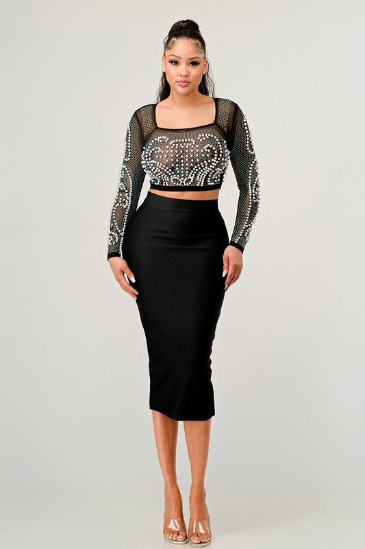 Sexy Mesh Beaded Two Piece Midi Skirt Set