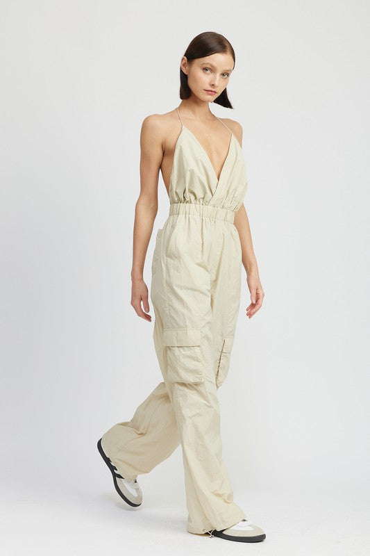 SPAGHETTI STRAP CARGO JUMPSUIT