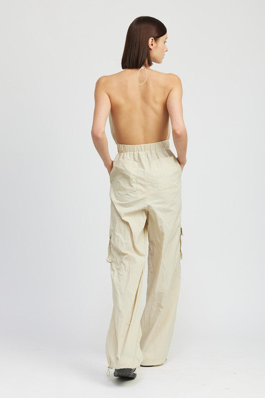 SPAGHETTI STRAP CARGO JUMPSUIT