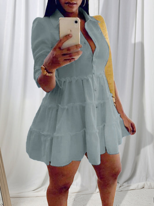 PT Button Ruffle Design A Line Shirt Dress