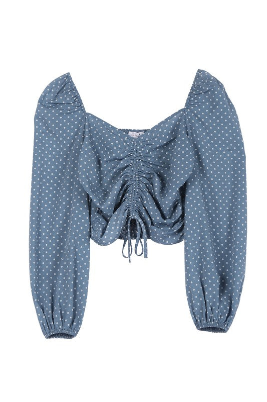 Ruched polka dot crop top with puff sleeves