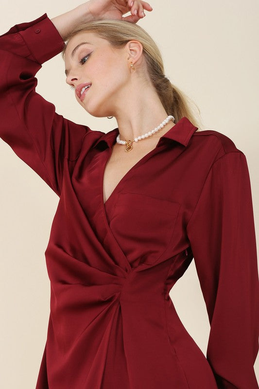 Satin collared wrap mini dress